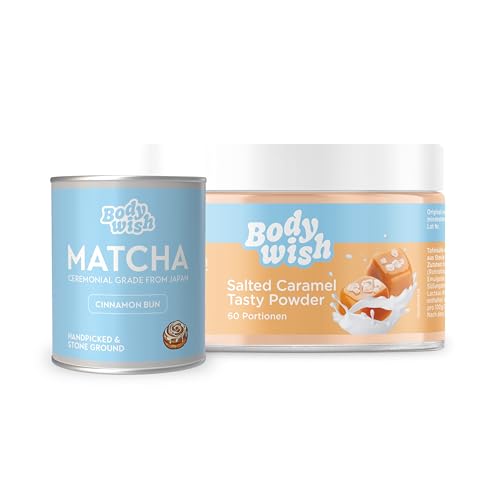 Matcha Premium Tee Pulver 30g + Geschmackspulver Caramel zum süßen | Das Original | Japanischer Matcha mit Zimtnote | Vegan Superfood, Latte, Smoothie | Ceremonial Grade von BODYWISH