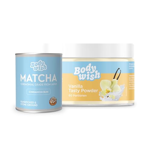 Matcha Premium Tee Pulver 30g + Geschmackspulver Vanille zum süßen | Das Original | Japanischer Matcha mit Zimtnote | Vegan Superfood, Latte, Smoothie | Ceremonial Grade Ohne Zusätze von BODYWISH