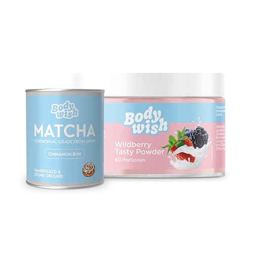 Matcha Premium Tee Pulver 30g + Geschmackspulver Wildberry | Das Original | Japanischer Matcha mit Zimtnote | Vegan Superfood, Latte, Smoothie | Ceremonial Grade von BODYWISH