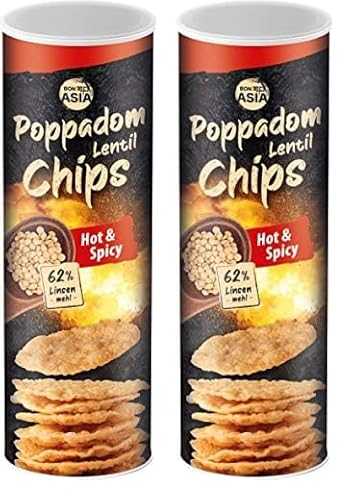 BONASIA Poppadom Lentil Chips Hot & Spicy – Würzig-pikante Linsenchips aus 62% Linsenmehl, glutenfrei, vegan (1 x 70 g) (Packung mit 2) von BONASIA