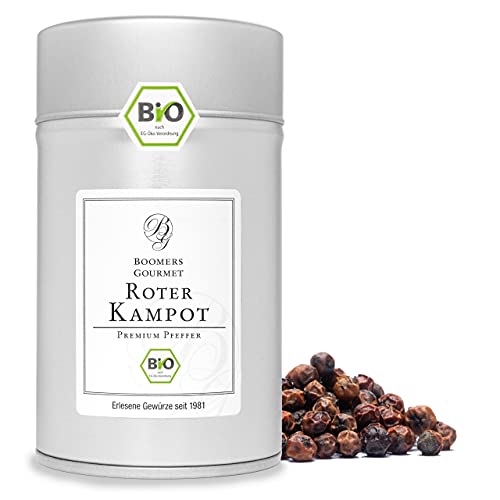 Boomers Gourmet - BIO Kampot Pfeffer Rot ganz I Roter Pfeffer aus Kambodscha (Roter Kampot Pfeffer, Kambodscha Pfeffer) - Gewürzdose 11,5 cm - 100 g von BOOMERS GOURMET