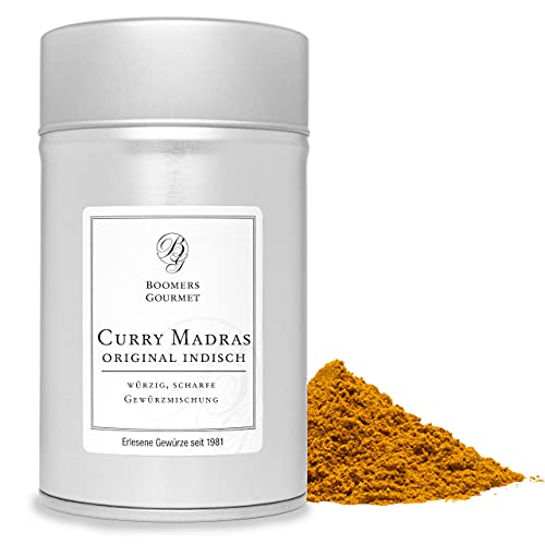 Boomers Gourmet - Premium Curry Madras, original indisch, scharfes Curry Pulver Gewürzmischung - Gewürzdose 11,5 cm - 100 g von BOOMERS GOURMET