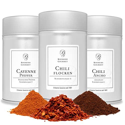 Boomers Gourmet – Premium Chili Set, Chili Gewürz Set, Chiliflocken I Cayenne Pfeffer gemahlen I aromatisches Ancho Chili, perfekt für eine Vielzahl von Gerichten – 3 Dosen – 250g von BOOMERS GOURMET