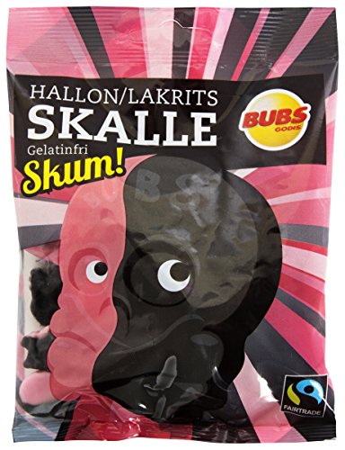 BUBS Himbeerschaum-Lakritz-Schädel ohne Gelatine - Hallon-Lakritsskalle Gelatinfri,Skum, 90g Tüte von Bubs