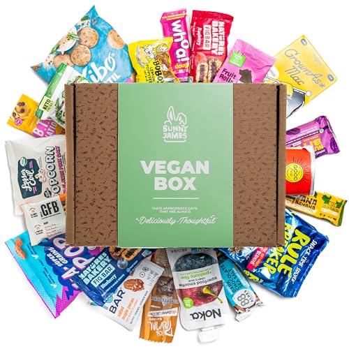Vegane Snacks Geschenkkorb für Erwachsene Gesunde Lebensmittel Leckereien Sortimentspackung mit Keksen, Proteinriegeln, Süßigkeiten, knusprigen Chips, veganem Trockenfleisch, Obst und Nussmischungen - von BUNNY · JAMES ·