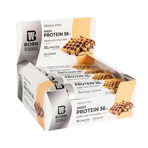 BW Born Winner BornWinner Mega Pro, High Protein Riegel, Waffle with Chocolate, 50 Prozent Eiweißgehalt, 25 g Protein pro Riegel, 12x85g von BW Born Winner