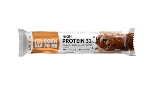 BornWinner High Protein Riegel, Delux Crunchy Chocolate Brownie, 31 Prozent Eiweißgehalt, 20 g Protein pro Riegel, ohne Zuckerzusatz, 12x64g von BW Born Winner