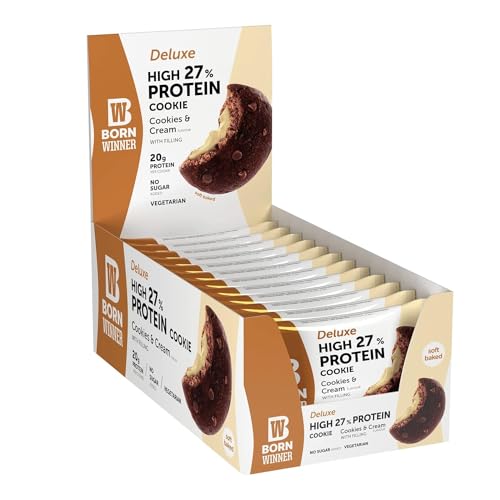 Neu BornWinner Deluxe, High Protein Cookie, Vegetarian, Cookies & Cream, 27 Prozent Eiweißgehalt, 20g Protein, 12x75g… von BW Born Winner