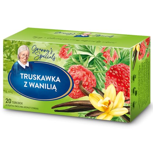 BABCIA JAGODA® Erdbeere Vanille Aus Madagaskar - 1 Box - 20 Teebeutel - 40g - Strawberry With Vanilla Tea - Früchtetee Früchte Fruit Express - Hochwertige Mischung Teesorten - Cay Vegan Glutenfrei von Babcia Jagoda