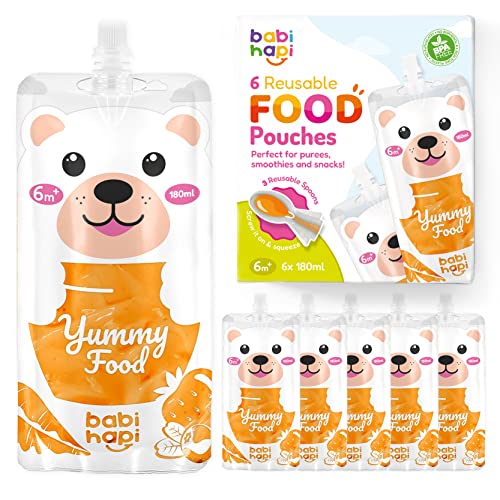 Babi Hapi Wiederverwendbare Babynahrungsbeutel – 6er-Pack Premium 180 ml Kapazität – lustige, einfache Lebensmittel mit 6 Beuteln (6 Stück) von Babi Hapi