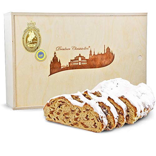 1000 g Dresdner Christstollen in hochwertiger Holzkiste aus Buchenholz mit Motiv "Dresdner Christstollen" von Backstube Sven Hennig