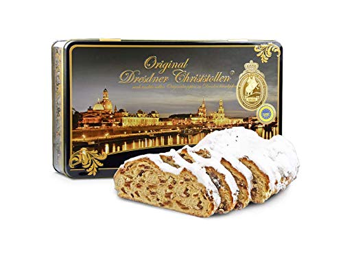 500 g handgemachter "Original Dresdner Christstollen®" in Aluminium-Geschenkdose Motiv "Canaletto bei Nacht" von Backstube Sven Hennig