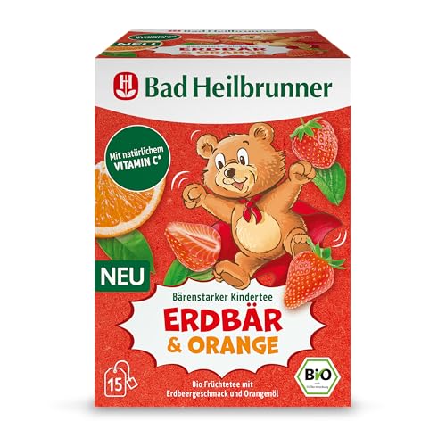 Bad Heilbrunner Bio Bärenstarker Kindertee Erdbeere Orange - Früchtetee mit Vitamin C, Unterstützt das Immunsystem, Vegan & Glutenfrei (5 x 15 Filterbeutel) von Bad Heilbrunner