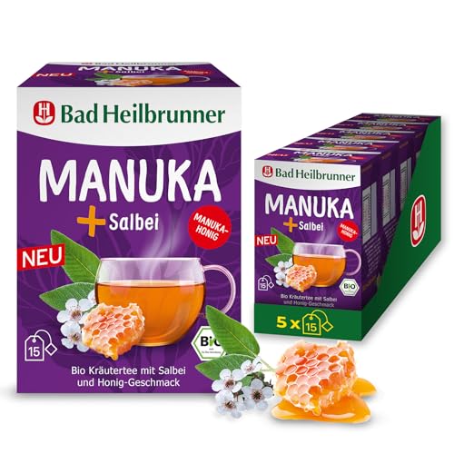 Bad Heilbrunner Bio MANUKA+ Salbei Tee – Bio-Kräutertee mit Manuka-Honig und Salbei, wohltuend für Hals und Rachen, (5 x 15 Filterbeutel) von Bad Heilbrunner