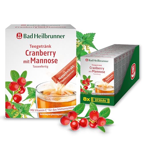 Bad Heilbrunner Cranberry Mannose Tee - im Stick, Tassenfertig - D-Mannose, Vitamin C - mit Vitamin C für die Abwehrkräfte & das Immunsystem (8 x 10 Sticks) von Bad Heilbrunner