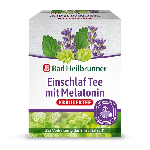 Bad Heilbrunner Einschlaf Tee mit Melatonin - im Pyramidenbeutel - Melatonin, Melisse, Lavendel - Endlich wieder gut einschlafen - Ideal fürs Reisen - Gute Nacht Tee (4 x 12 Pyramidenbeutel) von Bad Heilbrunner