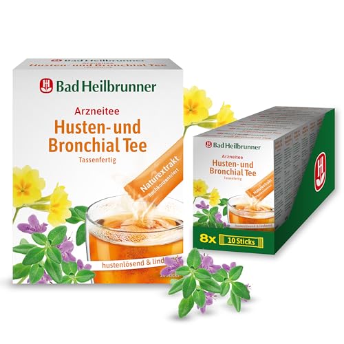 Bad Heilbrunner Husten- & Bronchial - Arzneitee im Stick - Tassenfertig - Spitzwegerich, Thymian & Bitterer Fenchel - reizlindernd bei Bronchitis, trockenem Husten & Erkältungen (8 x 10 Sticks) von Bad Heilbrunner