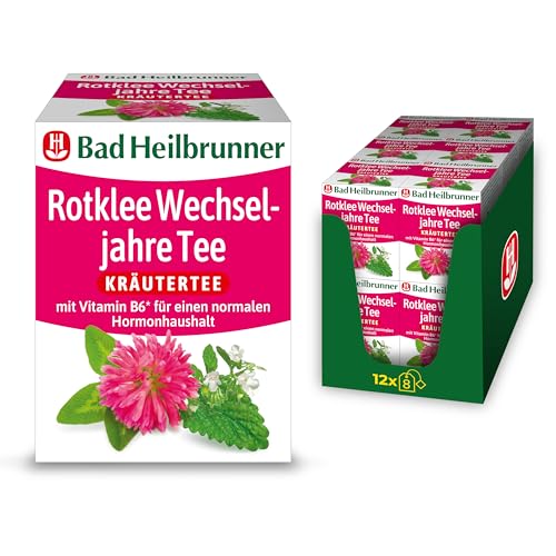 Bad Heilbrunner Rotklee Wechseljahre Tee - Kräutertee im Filterbeutel - Rotklee, Melisse, Lavendel - Vitamin B6 für einen normalen Hormonhaushalt - Wohlbefinden in Wechseljahren (12 x 8 Filterbeutel) von Bad Heilbrunner