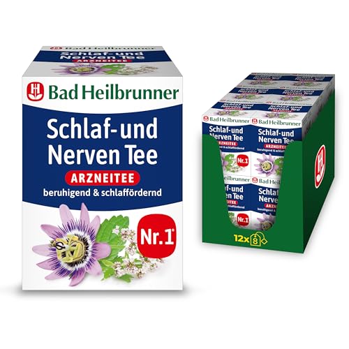 Bad Heilbrunner Schlaf- & Nerven Tee - Arzneitee im Filterbeutel - Melisse, Lavendel & Hopfen - beruhigt bei Nervosität & Einschlafstörung - für überreizte Nervenbündel (8 x 12 Filterbeutel) von Bad Heilbrunner