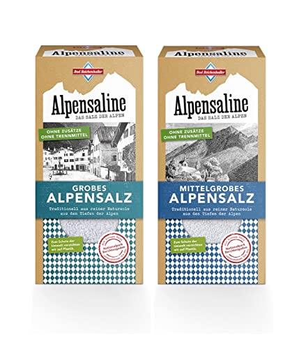 Bad Reichenhaller Alpensaline SET 2er Bundle Mittelgrobes 1kg & Grobes 1kg Alpensalz (2x1000g) | aus reiner Natursole Salz der Alpen | Vorratspackung von Bad Reichenhaller Alpensaline