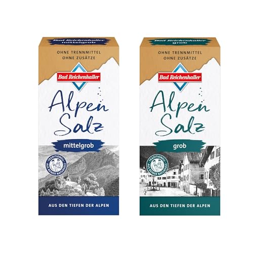 Bad Reichenhaller Alpensaline SET 2er Bundle Mittelgrobes 1kg & Grobes 1kg Alpensalz (2x1000g) | aus reiner Natursole Salz der Alpen | Vorratspackung von Bad Reichenhaller Alpensaline