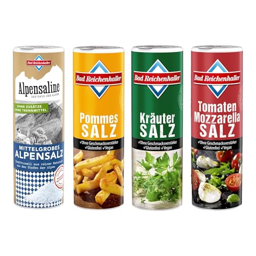 Bad Reichenhaller Gewürz-Salz-Set 4er Bundle | jeweils 300g Dose Kräuter, Tomate-Mozzarella, Pommessalz + 380g mittelgrobes Alpensalz | Vegan ohne Geschmacksverstärker | Glutenfrei Gewürzpaket von Bad Reichenhaller