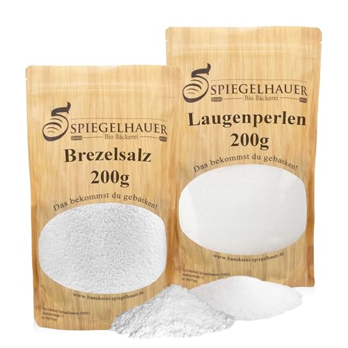 Bäckerei Spiegelhauer Set für Laugengebäck I Brezellauge und Brezelsalz I Laugenperlen 200g + Brezelsalz 200 g von Bäckerei Spiegelhauer