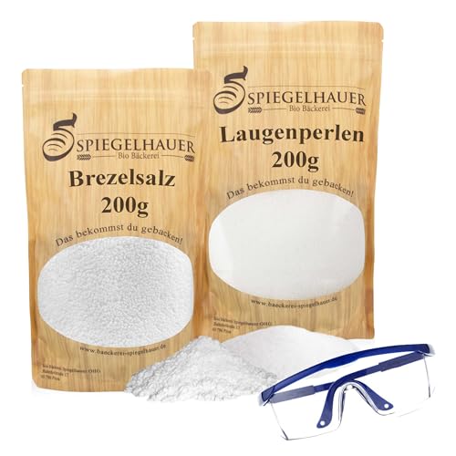 Bäckerei Spiegelhauer Set für Laugengebäck I Brezellauge und Brezelsalz I Laugenperlen 200g +Brezelsalz 200 g + Schutzbrille von Bäckerei Spiegelhauer