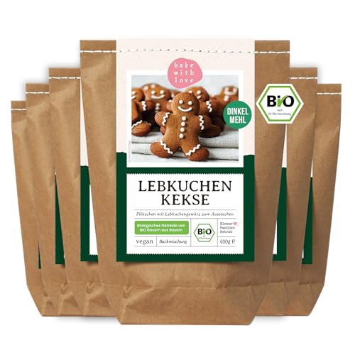 Bake with Love - Bio Backmischung Lebkuchen Kekse | 100% Dinkelmehl ohne Weizen Weihnachtsgebäck | Plätzchen backen Weihnachten | Weihnachtsmitbringsel Mitarbeiter Weihnachtsgeschenke (6er Pack) von Bake with Love