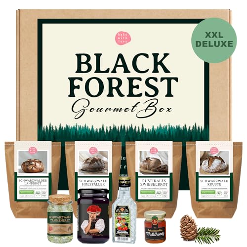 Bake with Love - Black Forest Gourmet Box | Feinkost Geschenkset aus dem Schwarzwald | Präsentkorb Weihnachten | Geschenkkorb gefüllt mit Schwarzwälder Bio Brotbackmischungen, Konfitüre & Honig von Bake with Love