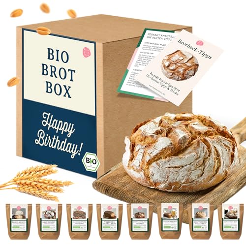 Bake with Love - Brot Geschenkset zum Geburtstag | Bio Brot Probierbox Happy Birthday | Geburtstagsgeschenk für Frauen und Männer | Geschenkkorb gefüllt mit 8 Brotbackmischungen zum Brot backen von Bake with Love