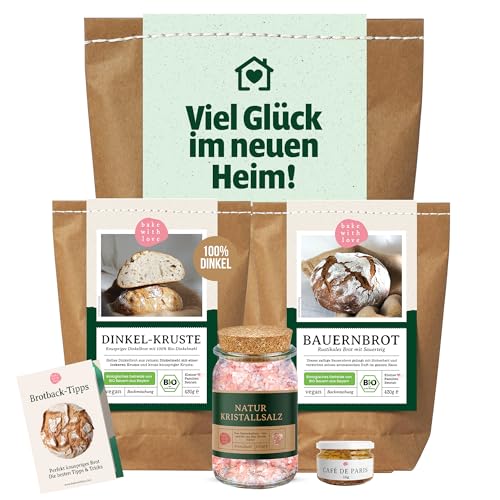 Bake with Love - Brot und Salz Geschenk zum Einzug | Einzugsgeschenke Wohnung mit 2 Bio Brotbackmischungen | Einweihungsgeschenk Haus und Wohnung | Richtfest Geschenk, Geschenk zur Hochzeit von Bake with Love