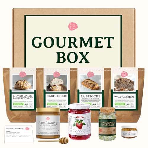 Bake with Love - Deluxe Gourmetbox Delikatessen Präsentkorb für Männer und Frauen | Feinkost Geschenkset zu Weihnachten | Geschenkkorb gefüllt mit 4 Brotbackmischungen, Marmelade, Honig & Gewürzen von Bake with Love