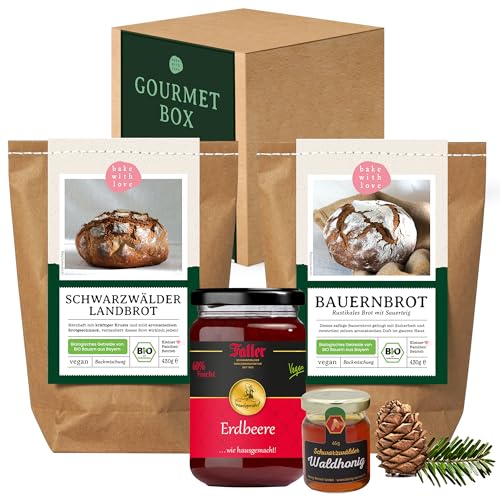 Bake with Love - Gourmet Weihnachts-Geschenkbox | Präsentkorb Weihnachten für Feinschmecker | Geschenkkorb gefüllt mit 2 Brotbackmischungen, Marmelade & Honig | Feinkost Geschenkset von Bake with Love