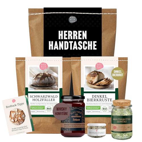 Bake with Love - Männerhandtasche | Männergeschenke Brot backen| Gourmet Geschenkset für Männer mit Brotbackmischungen, Whisky Marmelade und Gewürzen | Weihnachtsgeschenke für Männer von Bake with Love