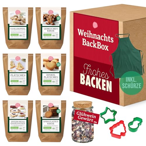 Bake with Love - Plätzchen Weihnachts-Backset mit 6 verschiedenen Kekse Backmischungen | Weihnachtsplätzchen backen mit Plätzchenausstecher, Schürze, Glühweingewürz | Geschenkbox zu Weihnachten von Bake with Love