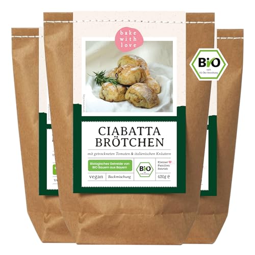 Bio Ciabatta Brötchen Backmischung | Brotbackmischung Tomaten Ciabatta, italienisches Brot | bio & vegan mit wenig Hefe - Bake with Love (3er Pack) von Bake with Love