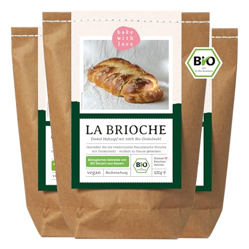 Bio Dinkel Brioche Backmischung | ohne Weizen | für Hefezopf & Osterzopf | schnell & einfach, auch im Brotbackautomat - Bake with Love (3er Pack) von Bake with Love