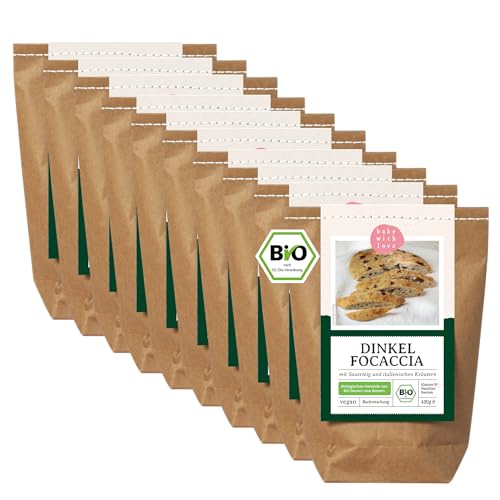 Bio Dinkel Focaccia Backmischung | 100% Dinkelmehl ohne Weizen | natürlich, vegan, ohne Zusatzstoffe | schnell & einfach - Bake with Love (10er Pack) von Bake with Love