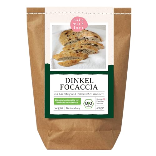 Bio Dinkel Focaccia Backmischung | 100% Dinkelmehl ohne Weizen | natürlich, vegan, ohne Zusatzstoffe | schnell & einfach - Bake with Love (1er Pack) von Bake with Love