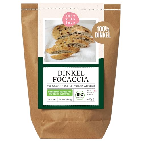 Bio Dinkel Focaccia Backmischung | 100% Dinkelmehl ohne Weizen | natürlich, vegan, ohne Zusatzstoffe | schnell & einfach - Bake with Love (1er Pack) von Bake with Love