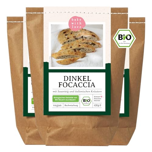 Bio Dinkel Focaccia Backmischung | 100% Dinkelmehl ohne Weizen | natürlich, vegan, ohne Zusatzstoffe | schnell & einfach - Bake with Love (3er Pack) von Bake with Love