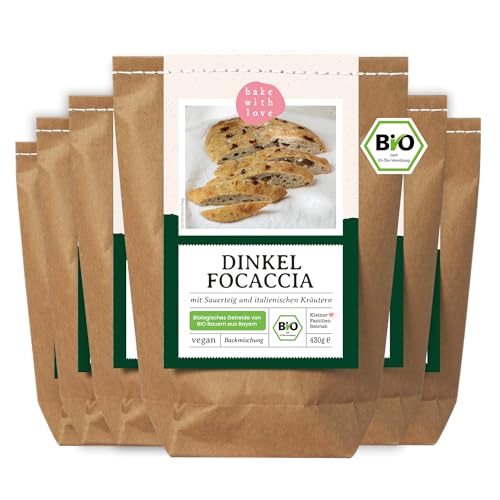 Bio Dinkel Focaccia Backmischung | 100% Dinkelmehl ohne Weizen | natürlich, vegan, ohne Zusatzstoffe | schnell & einfach - Bake with Love (6er Pack) von Bake with Love