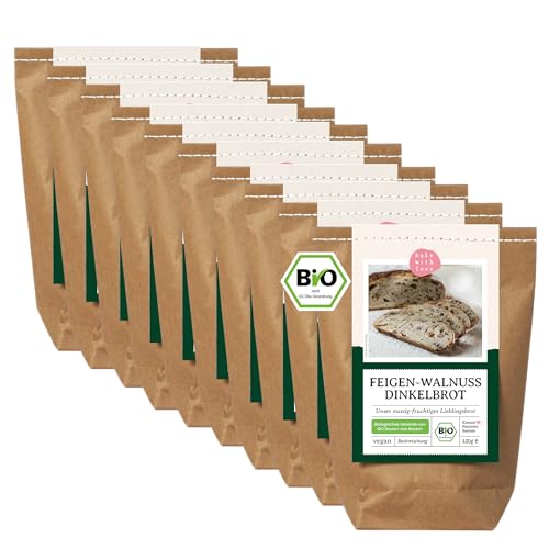 Bio Feigen-Walnuss Dinkelbrot Brotbackmischung | 100% Dinkel ohne Weizen | vegane Brotmischung, Brotbackautomat geeignet - Bake with Love (10er Pack) von Bake with Love