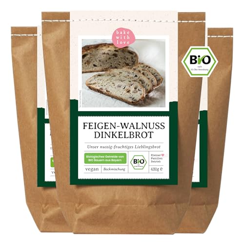 Bio Feigen-Walnuss Dinkelbrot Brotbackmischung | 100% Dinkel ohne Weizen | vegane Brotmischung, Brotbackautomat geeignet - Bake with Love (3er Pack) von Bake with Love