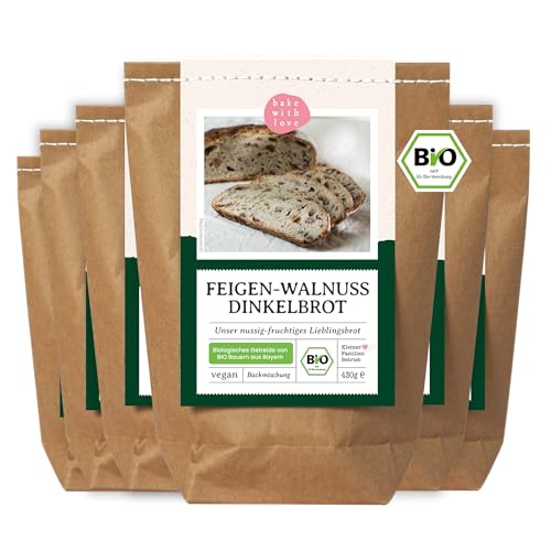 Bio Feigen-Walnuss Dinkelbrot Brotbackmischung | 100% Dinkel ohne Weizen | vegane Brotmischung, Brotbackautomat geeignet - Bake with Love (6er Pack) von Bake with Love