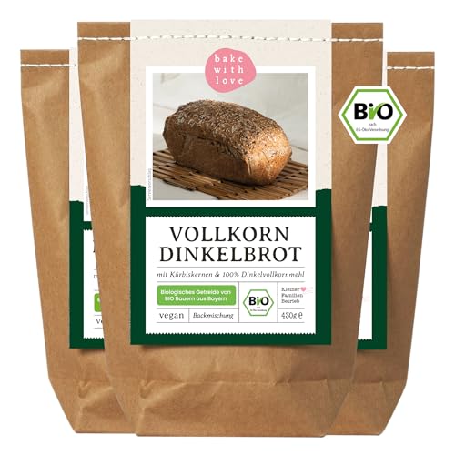 Bio Dinkelvollkornbrot Backmischung - Brotbackmischung Vollkorn für Dinkelbrot und Körnerbrot - Brotbackautomat geeignet - Bake with Love - (3er Pack) von Bake with Love