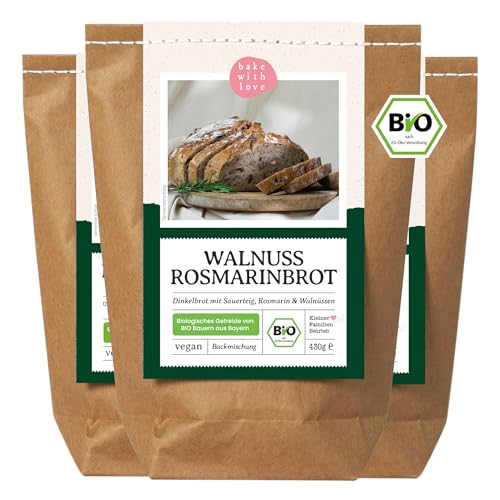 Bio Walnuss Rosmarin Dinkel Brotbackmischung | 100% Dinkel ohne Weizen | Hochwertige Bio-Zutaten | Brotbackautomat geeignet - Bake with Love(3er Pack) von Bake with Love