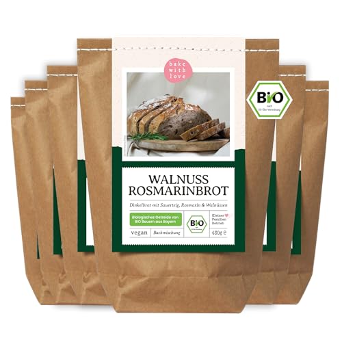 Bio Walnuss Rosmarin Dinkel Brotbackmischung | 100% Dinkel ohne Weizen | Hochwertige Bio-Zutaten | Brotbackautomat geeignet - Bake with Love(6er Pack) von Bake with Love