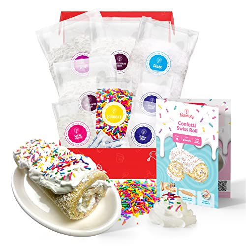 Konfetti Schweizer Rolle Backset für Kinder 6–12, echtes Gelee-Roll-Kuchenherstellungsset mit vorgefertigten Zutaten, Kuchendekoration für Mädchen und Jungen mit Sahne und Regenbogenstreuseln, von Baketivity